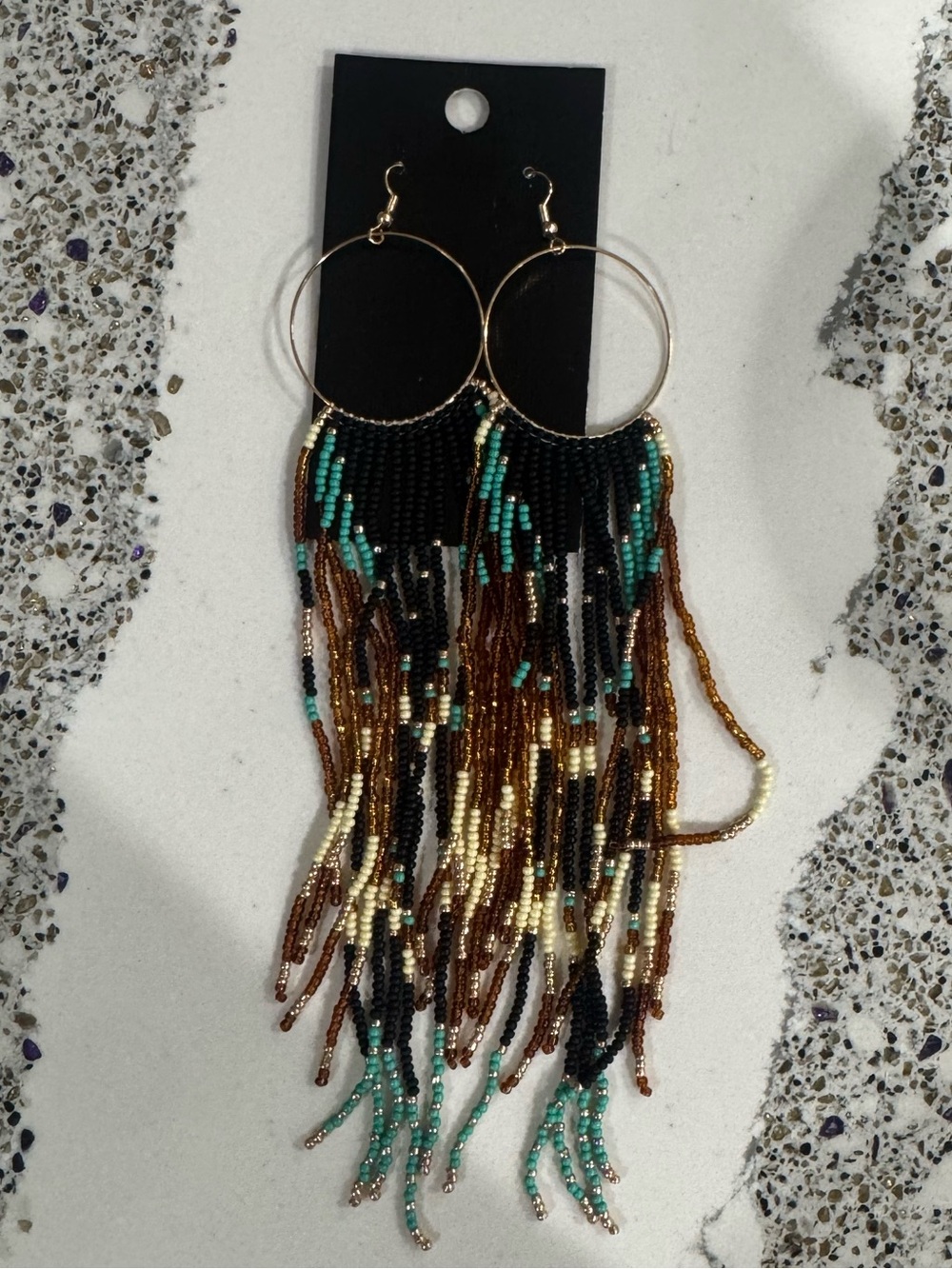 Boho Fringe Beaded Hoop Earrings - Turquoise, Gold & Black